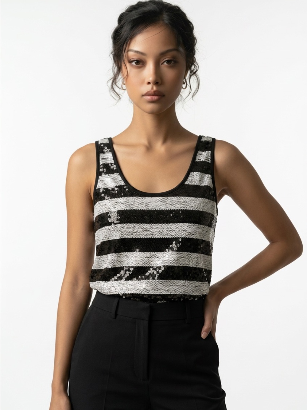 Black & White Striped Sequin Tank Top